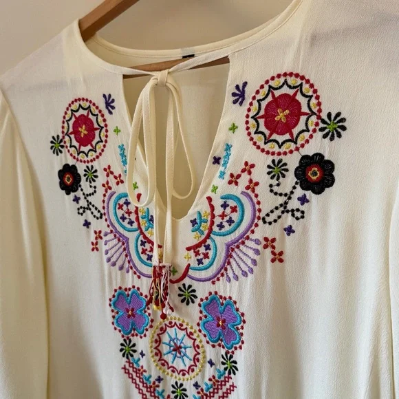 Boho Embroidered Peasant Dress Cream Fringe Festival Tunic Midi S - Picture 10 of 14